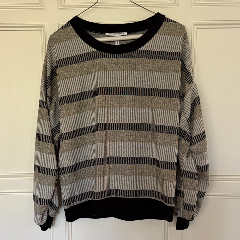 BCBG Generation Striped Black, gold and Tan Crewneck lightweight Sweater